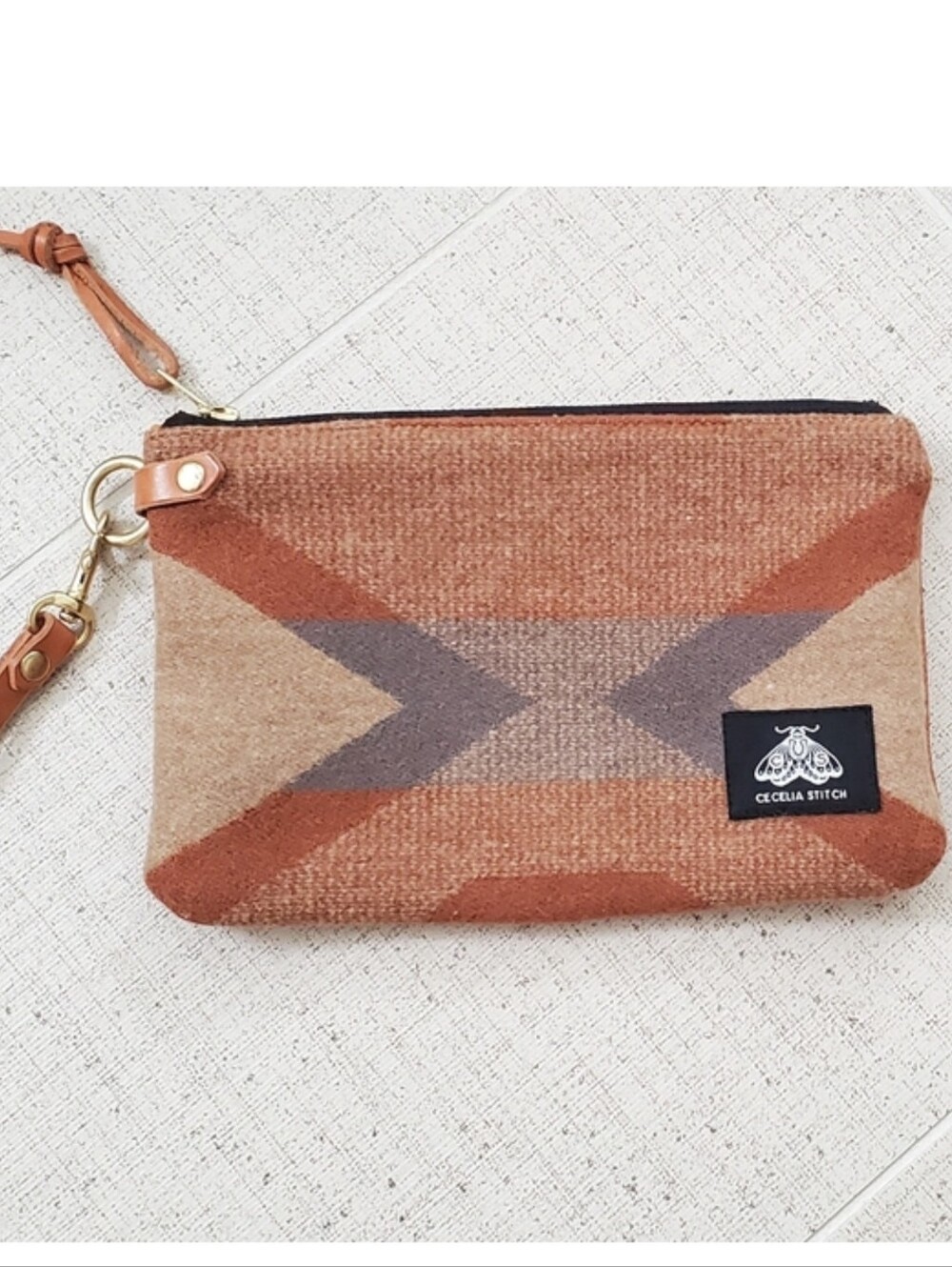 Cecelia Stitch Pendleton Wool/Leather Zip Clutch Bag, Rust,Grey,Camel, NEW